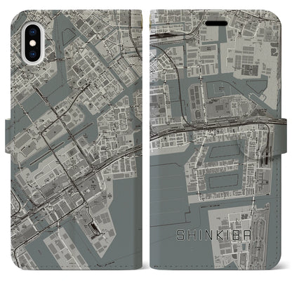 【新木場（東京都）】地図柄iPhoneケース（手帳タイプ）モノトーン・iPhone XS Max 用