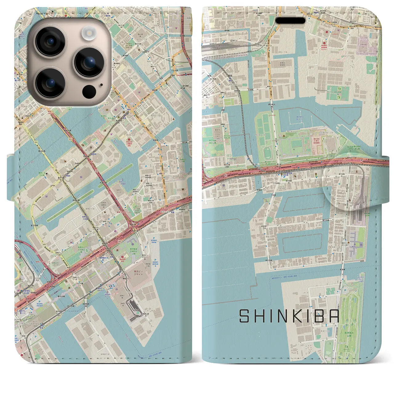 【新木場（東京都）】地図柄iPhoneケース（手帳タイプ）ナチュラル・iPhone 16 Plus 用