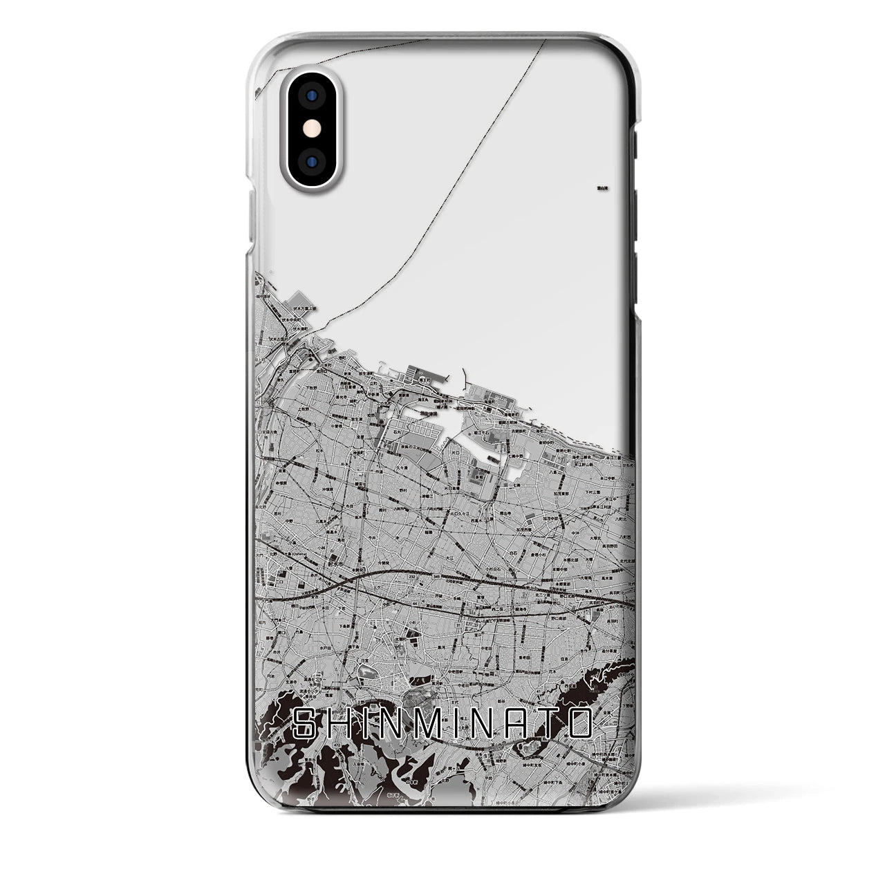 【新湊（富山県）】地図柄iPhoneケース（クリアタイプ）モノトーン・iPhone XS Max 用