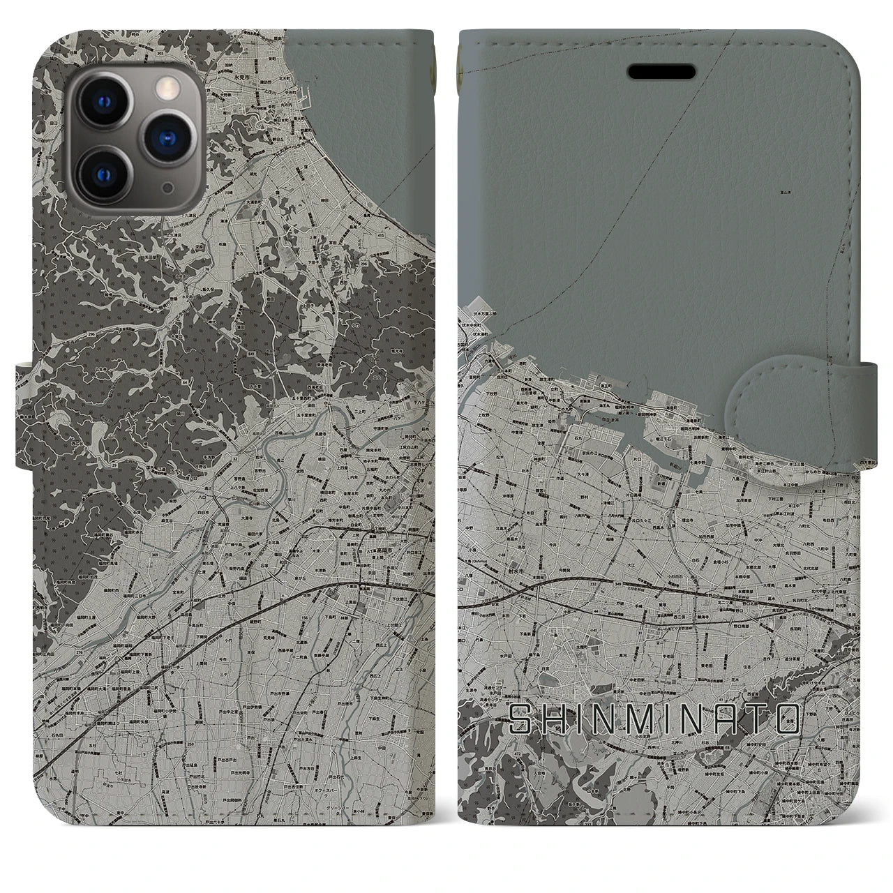 【新湊】地図柄iPhoneケース（手帳両面タイプ・モノトーン）iPhone 11 Pro Max 用