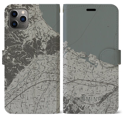 【新湊（富山県）】地図柄iPhoneケース（手帳タイプ）モノトーン・iPhone 11 Pro Max 用