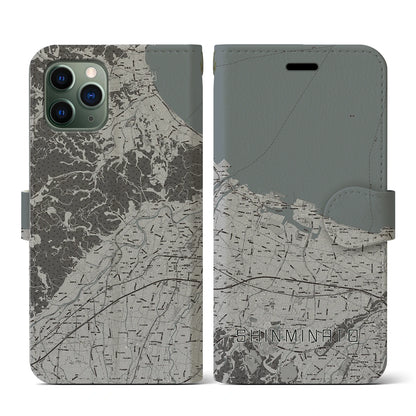 【新湊（富山県）】地図柄iPhoneケース（手帳タイプ）モノトーン・iPhone 11 Pro 用