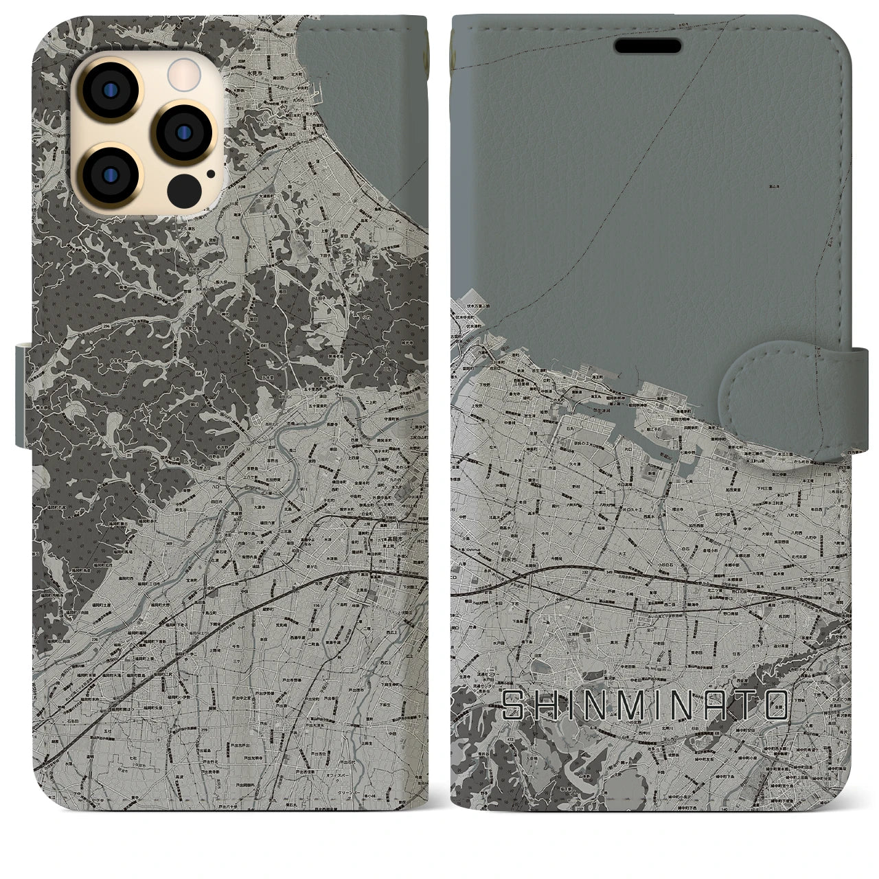 【新湊】地図柄iPhoneケース（手帳両面タイプ・モノトーン）iPhone 12 Pro Max 用