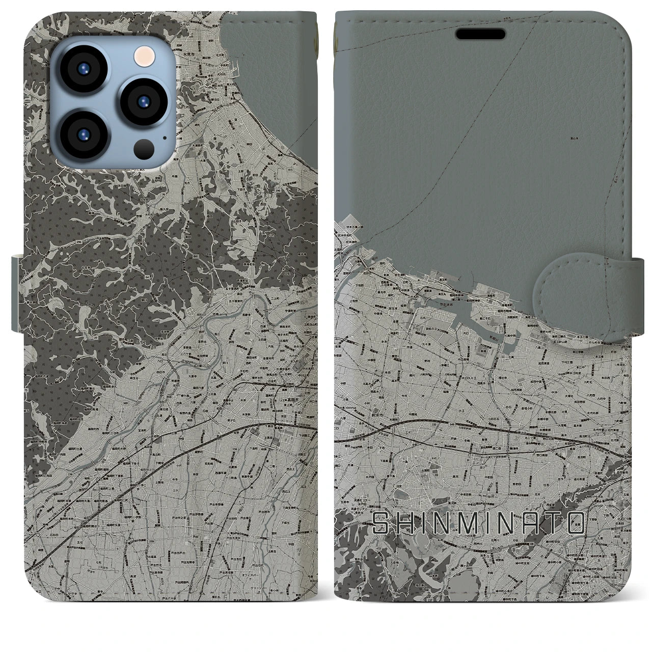 【新湊】地図柄iPhoneケース（手帳両面タイプ・モノトーン）iPhone 13 Pro Max 用