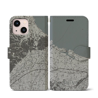 【新湊（富山県）】地図柄iPhoneケース（手帳タイプ）モノトーン・iPhone 13 mini 用