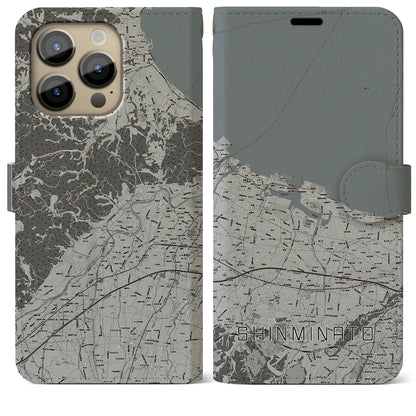 【新湊（富山県）】地図柄iPhoneケース（手帳タイプ）モノトーン・iPhone 14 Pro Max 用