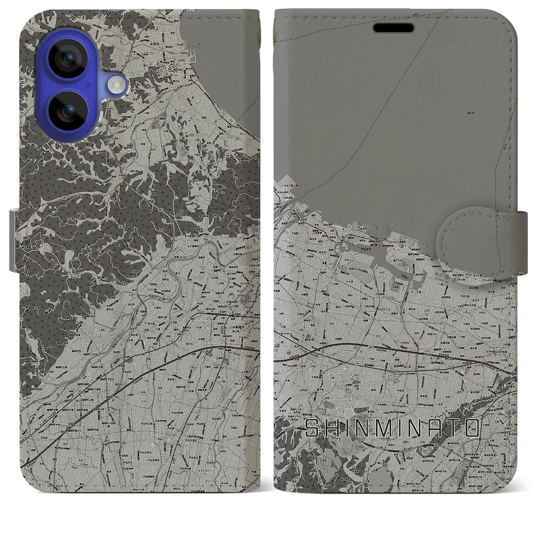 【新湊(富山県)】地図柄iPhoneケース(手帳タイプ)モノトーン・iPhone 16 Pro Max 用