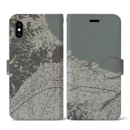 【新湊（富山県）】地図柄iPhoneケース（手帳タイプ）モノトーン・iPhone XS / X 用