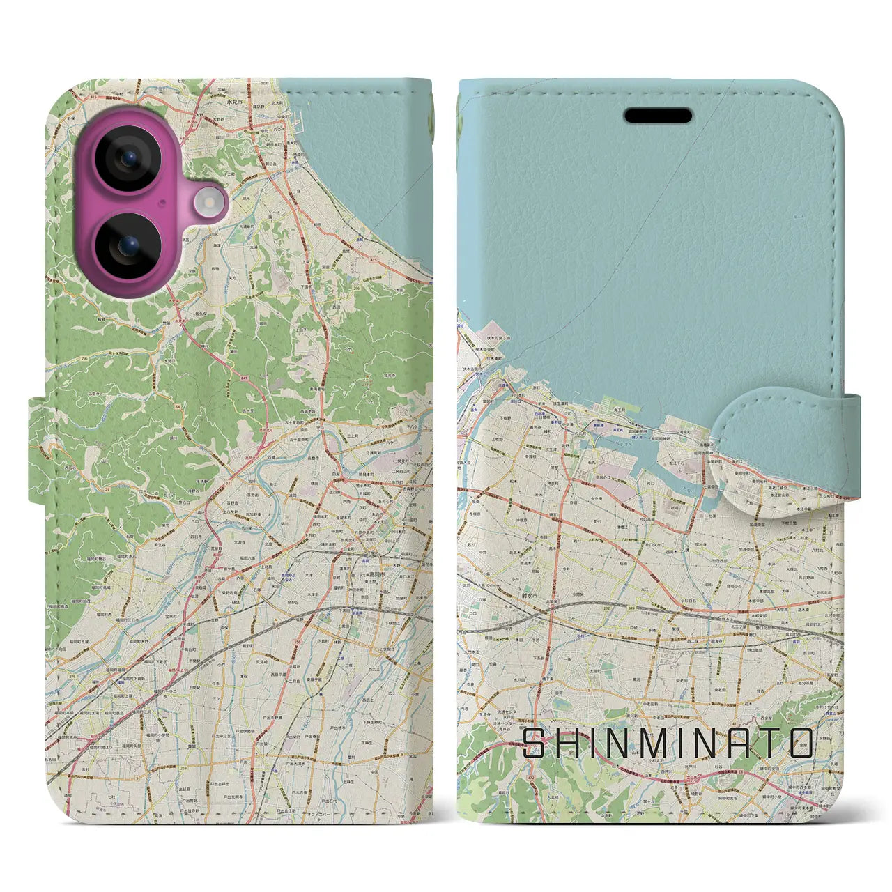 【新湊（富山県）】地図柄iPhoneケース（手帳タイプ）ナチュラル・iPhone 16 Pro 用