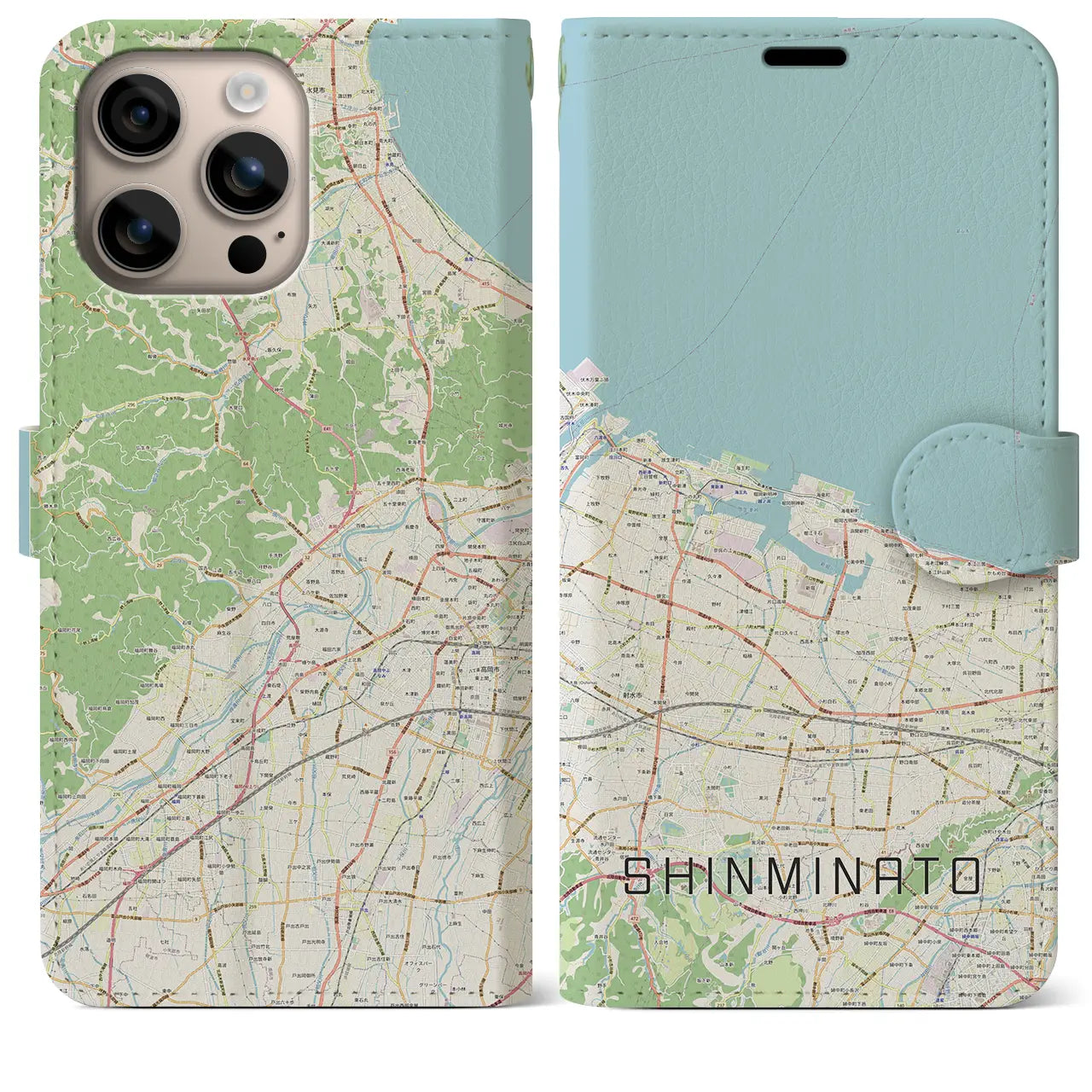 【新湊（富山県）】地図柄iPhoneケース（手帳タイプ）ナチュラル・iPhone 16 Plus 用