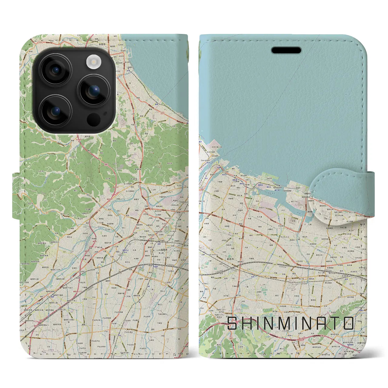 【新湊（富山県）】地図柄iPhoneケース（手帳タイプ）ナチュラル・iPhone 16 用