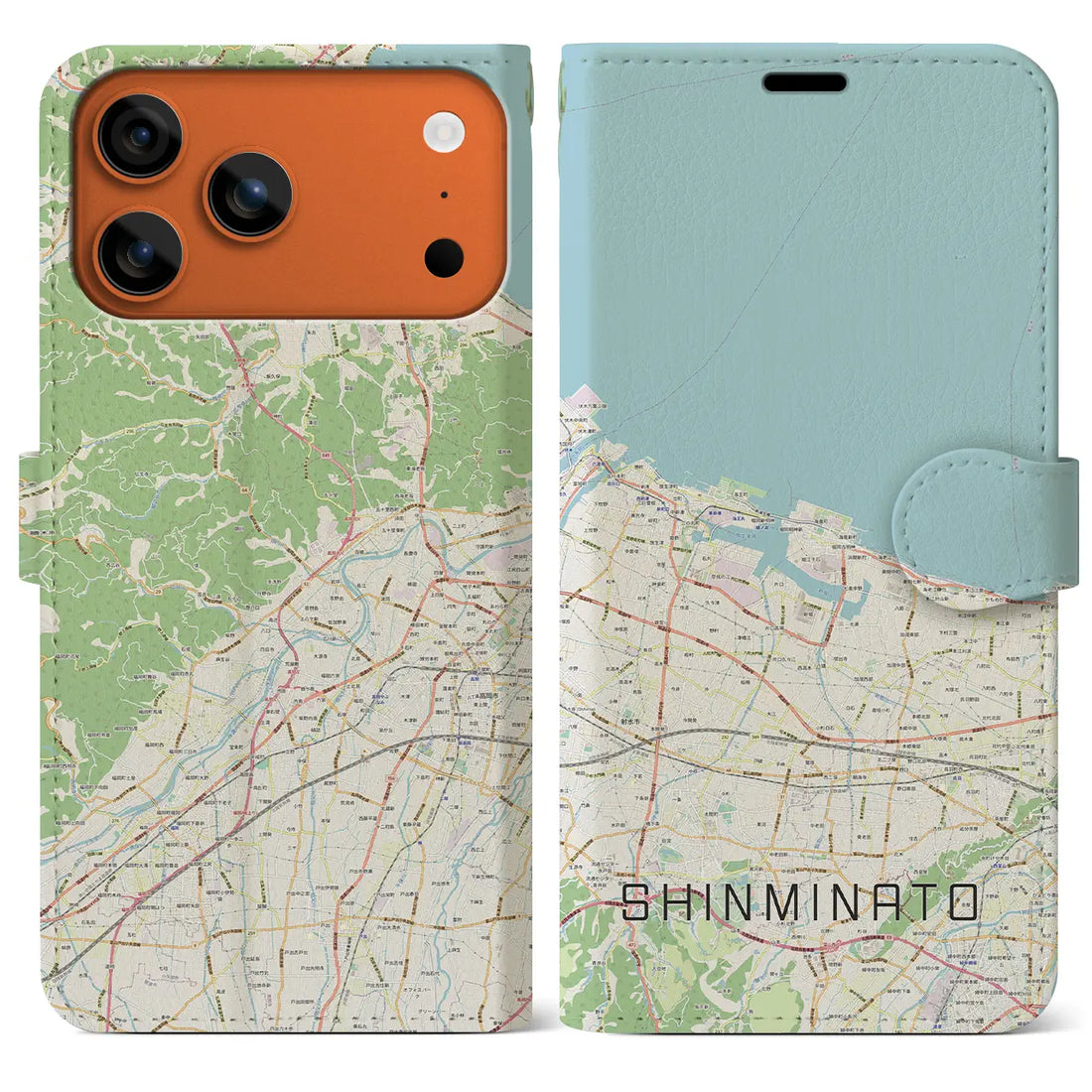 【新湊（富山県）】地図柄iPhoneケース（手帳タイプ）モノトーン・iPhone 17 Pro Max 用