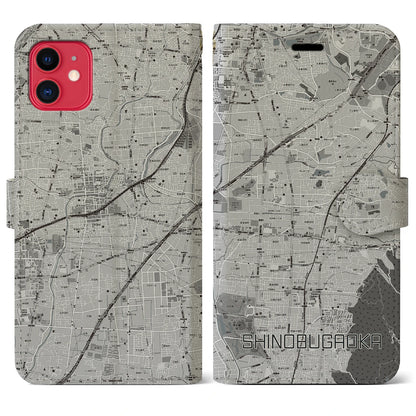 【忍ケ丘（大阪府）】地図柄iPhoneケース（手帳タイプ）モノトーン・iPhone 11 用