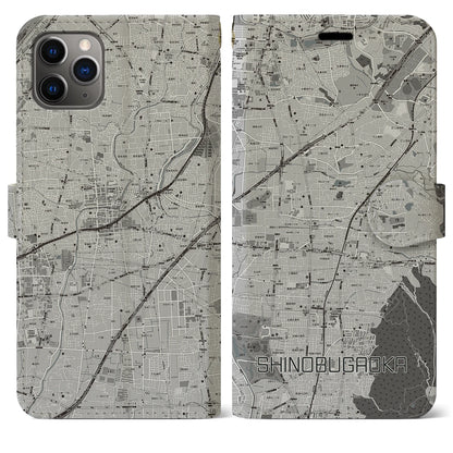 【忍ケ丘（大阪府）】地図柄iPhoneケース（手帳タイプ）モノトーン・iPhone 11 Pro Max 用