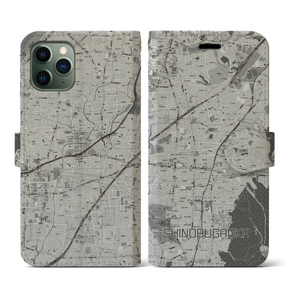 【忍ケ丘（大阪府）】地図柄iPhoneケース（手帳タイプ）モノトーン・iPhone 11 Pro 用