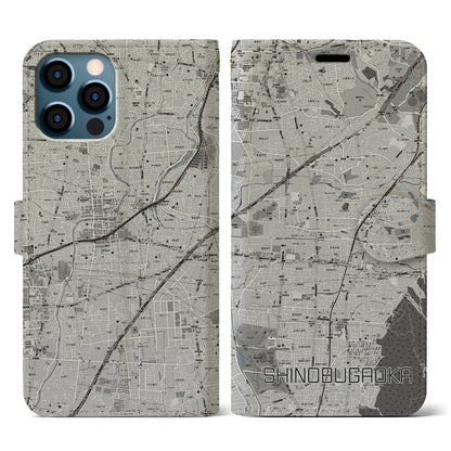 【忍ケ丘（大阪府）】地図柄iPhoneケース（手帳タイプ）モノトーン・iPhone 12 / 12 Pro 用