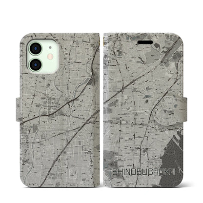 【忍ケ丘（大阪府）】地図柄iPhoneケース（手帳タイプ）モノトーン・iPhone 12 mini 用