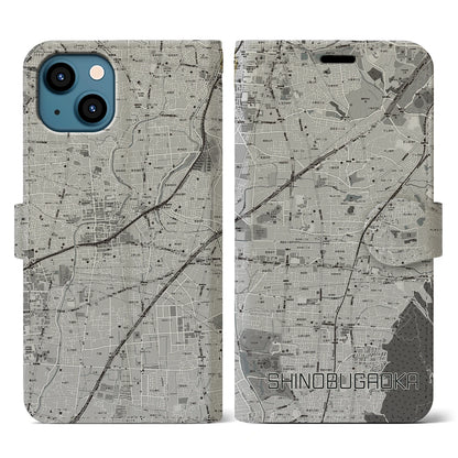 【忍ケ丘（大阪府）】地図柄iPhoneケース（手帳タイプ）モノトーン・iPhone 13 用