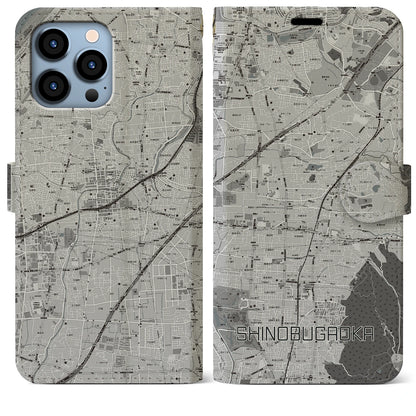 【忍ケ丘（大阪府）】地図柄iPhoneケース（手帳タイプ）モノトーン・iPhone 13 Pro Max 用