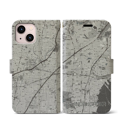 【忍ケ丘（大阪府）】地図柄iPhoneケース（手帳タイプ）モノトーン・iPhone 13 mini 用