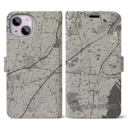 【忍ケ丘（大阪府）】地図柄iPhoneケース（手帳タイプ）モノトーン・iPhone 14 用