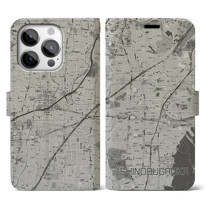 【忍ケ丘（大阪府）】地図柄iPhoneケース（手帳タイプ）モノトーン・iPhone 14 Pro 用