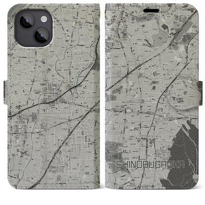 【忍ケ丘（大阪府）】地図柄iPhoneケース（手帳タイプ）モノトーン・iPhone 14 Plus 用