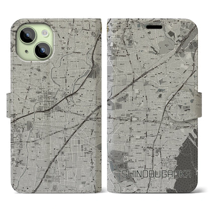 【忍ケ丘（大阪府）】地図柄iPhoneケース（手帳タイプ）モノトーン・iPhone 15 用