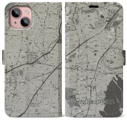 【忍ケ丘（大阪府）】地図柄iPhoneケース（手帳タイプ）モノトーン・iPhone 15 Plus 用