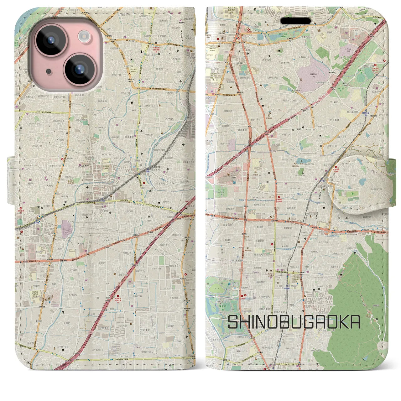 【忍ケ丘（大阪府）】地図柄iPhoneケース（手帳タイプ）