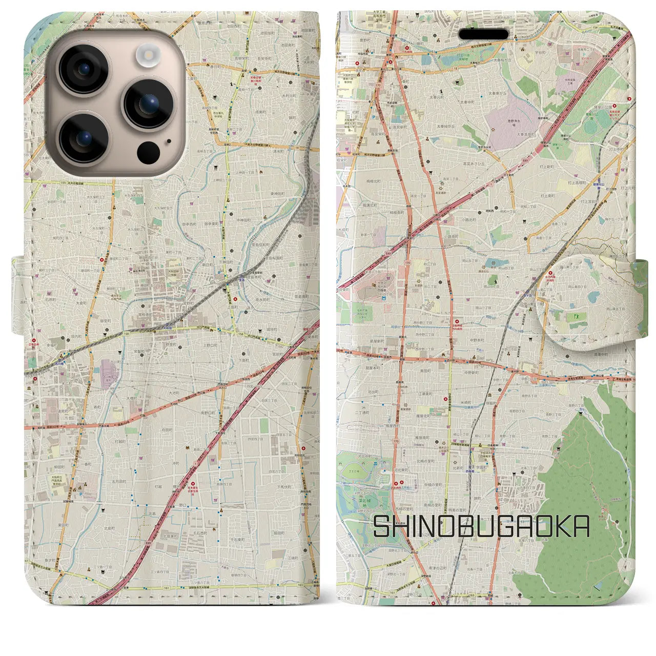 【忍ケ丘（大阪府）】地図柄iPhoneケース（手帳タイプ）ナチュラル・iPhone 16 Plus 用