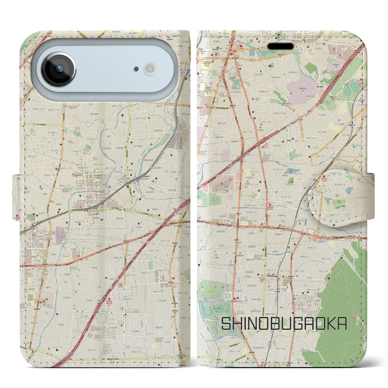 【忍ケ丘（大阪府）】地図柄iPhoneケース（手帳タイプ）モノトーン・iPhone 17 Pro Max 用
