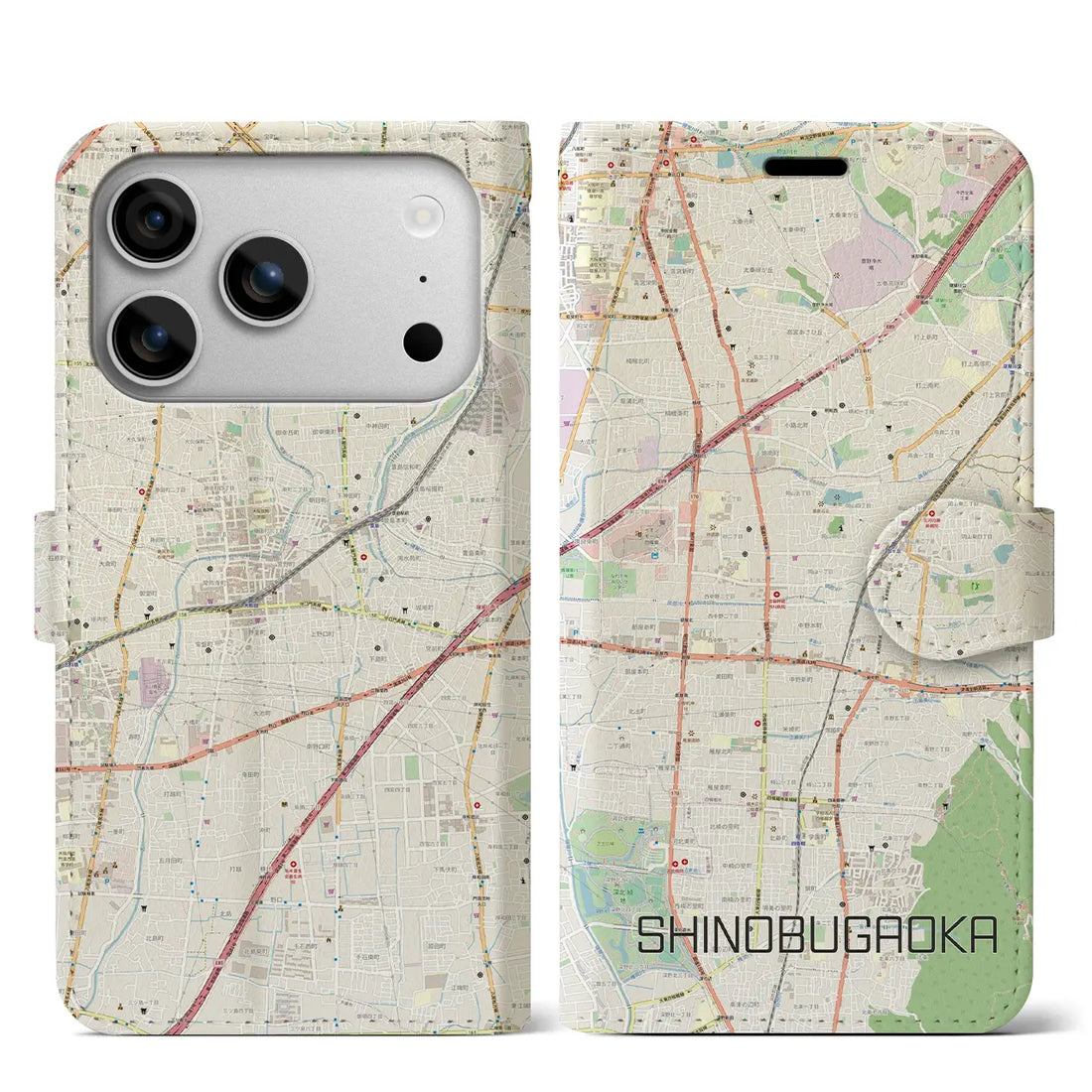 【忍ケ丘（大阪府）】地図柄iPhoneケース（手帳タイプ）ナチュラル・iPhone 17 Pro Max 用