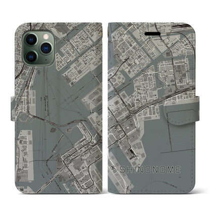 【東雲（東京都）】地図柄iPhoneケース（手帳タイプ）モノトーン・iPhone 11 Pro 用