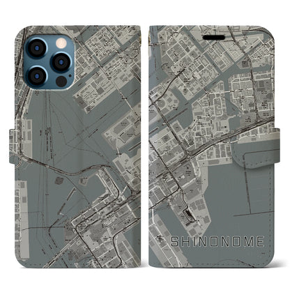 【東雲（東京都）】地図柄iPhoneケース（手帳タイプ）モノトーン・iPhone 12 / 12 Pro 用