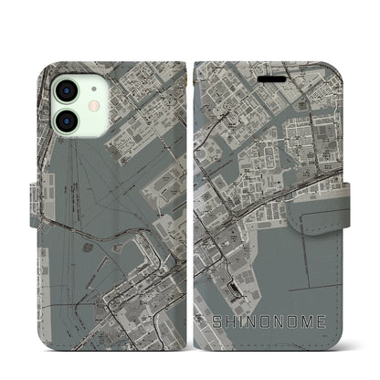 【東雲（東京都）】地図柄iPhoneケース（手帳タイプ）モノトーン・iPhone 12 mini 用