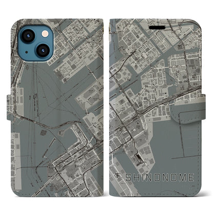 【東雲（東京都）】地図柄iPhoneケース（手帳タイプ）モノトーン・iPhone 13 用