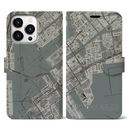 【東雲（東京都）】地図柄iPhoneケース（手帳タイプ）モノトーン・iPhone 13 Pro 用