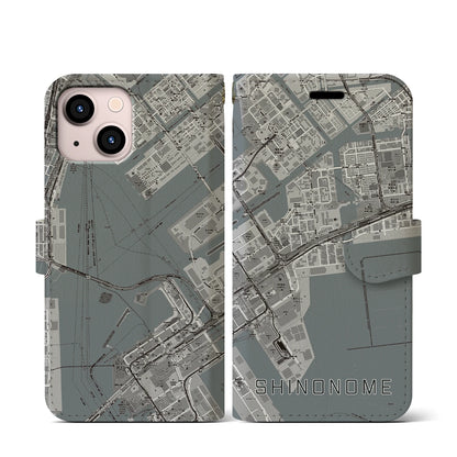 【東雲（東京都）】地図柄iPhoneケース（手帳タイプ）モノトーン・iPhone 13 mini 用