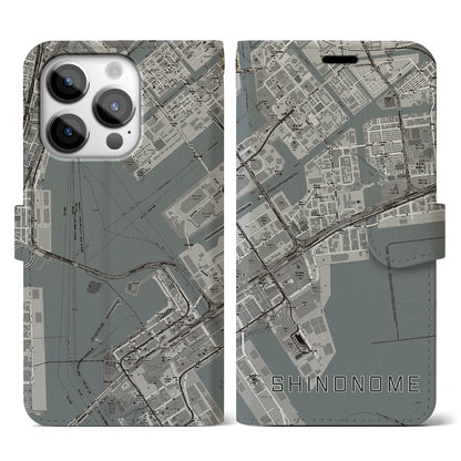 【東雲（東京都）】地図柄iPhoneケース（手帳タイプ）モノトーン・iPhone 14 Pro 用