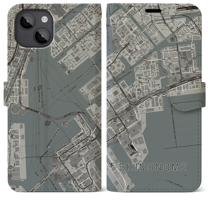 【東雲（東京都）】地図柄iPhoneケース（手帳タイプ）モノトーン・iPhone 14 Plus 用