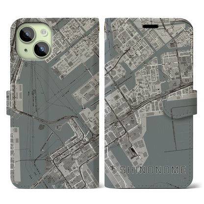 【東雲（東京都）】地図柄iPhoneケース（手帳タイプ）モノトーン・iPhone 15 用