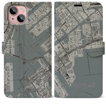 【東雲（東京都）】地図柄iPhoneケース（手帳タイプ）モノトーン・iPhone 15 Plus 用