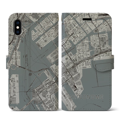 【東雲（東京都）】地図柄iPhoneケース（手帳タイプ）モノトーン・iPhone XS / X 用