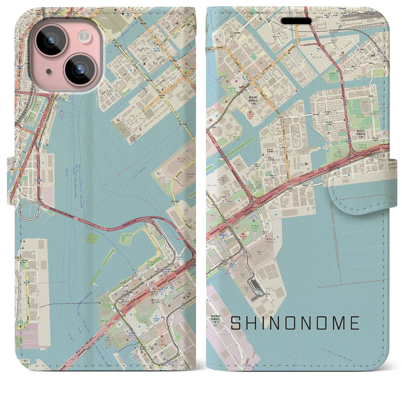 【東雲】地図柄iPhoneケース（手帳両面タイプ・ナチュラル）iPhone 15 Plus 用