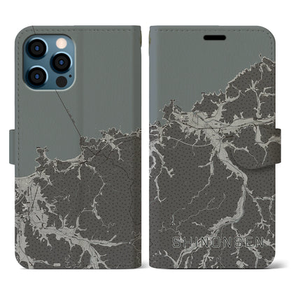 【新温泉（兵庫県）】地図柄iPhoneケース（手帳タイプ）モノトーン・iPhone 12 / 12 Pro 用