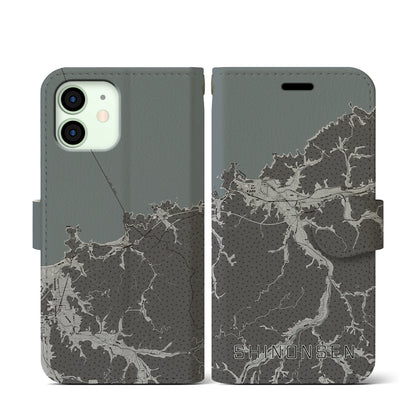 【新温泉（兵庫県）】地図柄iPhoneケース（手帳タイプ）モノトーン・iPhone 12 mini 用