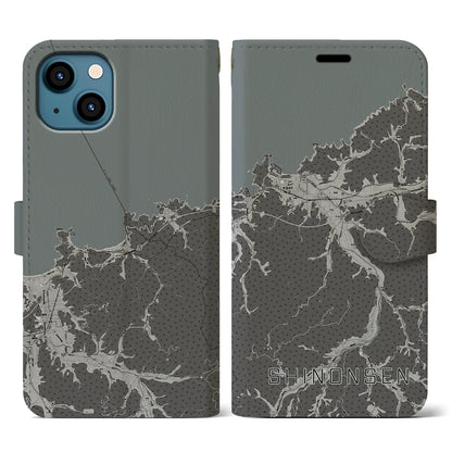 【新温泉（兵庫県）】地図柄iPhoneケース（手帳タイプ）モノトーン・iPhone 13 用