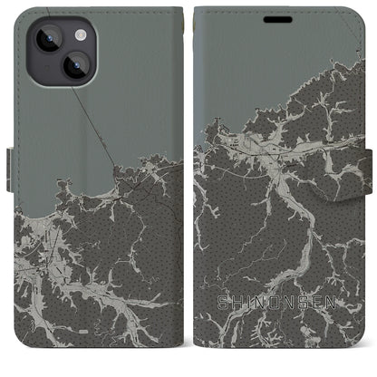 【新温泉（兵庫県）】地図柄iPhoneケース（手帳タイプ）モノトーン・iPhone 14 Plus 用