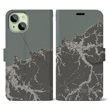 【新温泉（兵庫県）】地図柄iPhoneケース（手帳タイプ）モノトーン・iPhone 15 用